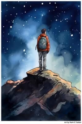 A young man standing on a mountain peak against a night sky - Symbolic of Finding my Gay Story