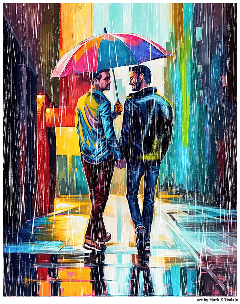 Art depicting a Gay Couple Under An Umbrella Together In The Rain